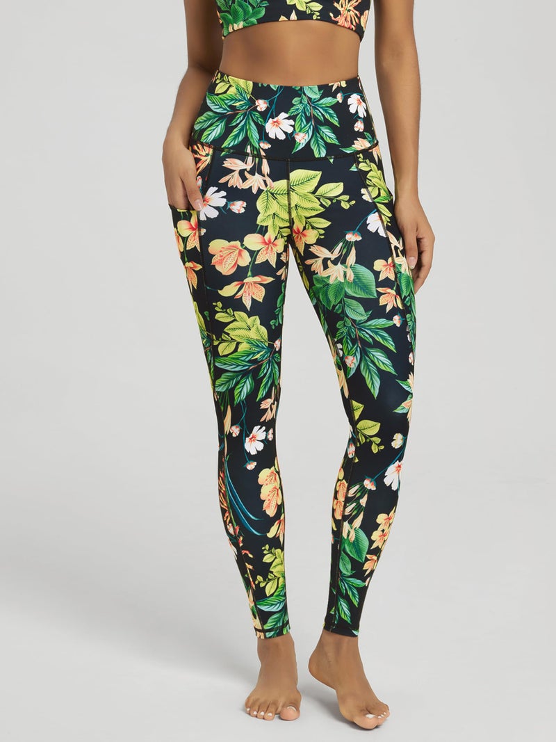 ODODOS Women's High Waisted Full Length Yoga Leggings with Pockets, 28" Inseam Tummy Control Non See Through Workout Athletic Running Yoga Pants, Tropical Flower, Large - Image 2