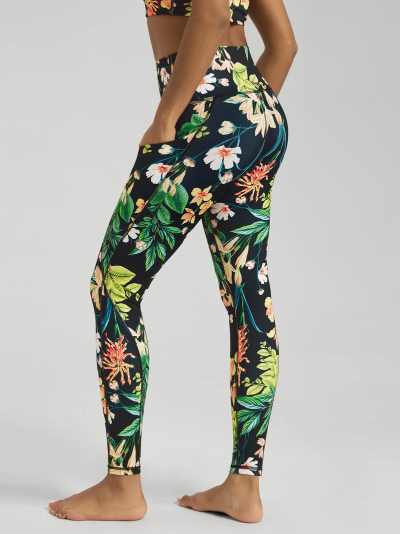 ODODOS Women's High Waisted Full Length Yoga Leggings with Pockets, 28" Inseam Tummy Control Non See Through Workout Athletic Running Yoga Pants, Tropical Flower, Large - Image 3