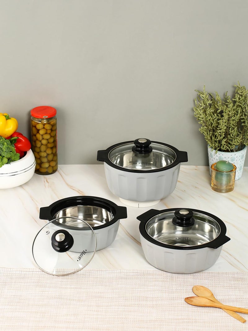 JAYPEE Glamerole Inner Stainless Steel Serving Casserole Set of 3 Toughened Glass Lid PUF Insulated Hot Box |Roti Box| Easy to carry | Food Grade | 800, 1200, 1500 ml, Grey - Image 1