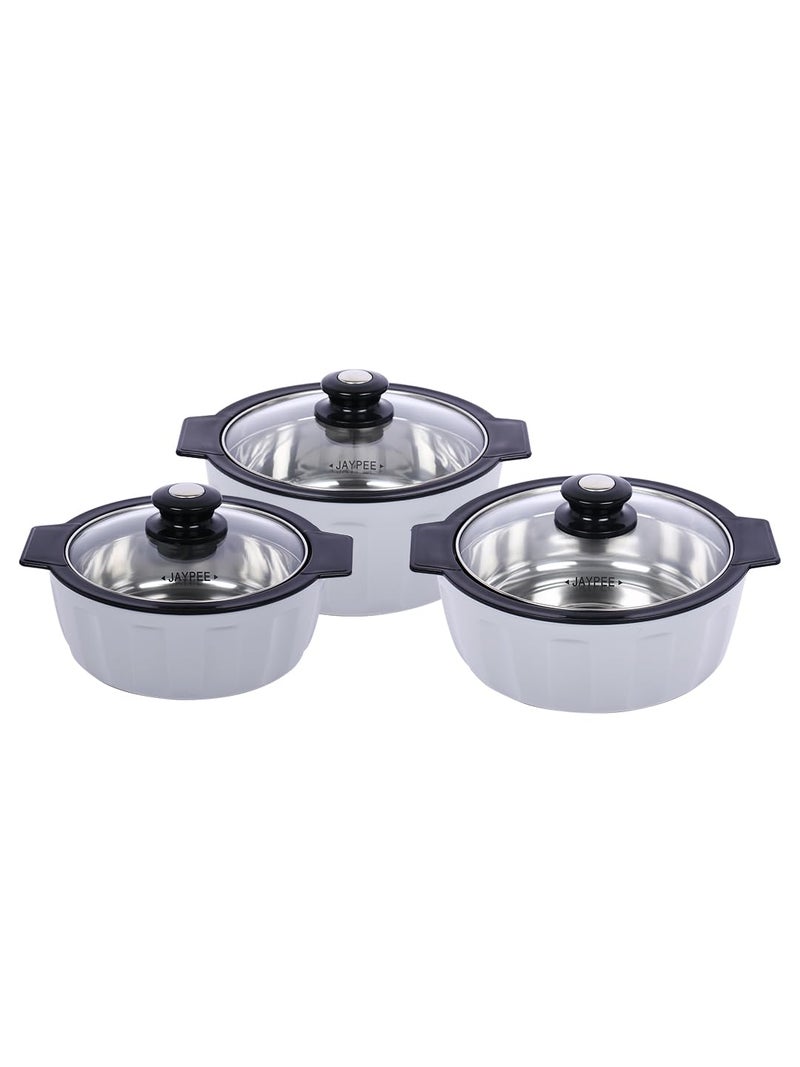 JAYPEE Glamerole Inner Stainless Steel Serving Casserole Set of 3 Toughened Glass Lid PUF Insulated Hot Box |Roti Box| Easy to carry | Food Grade | 800, 1200, 1500 ml, Grey - Image 2