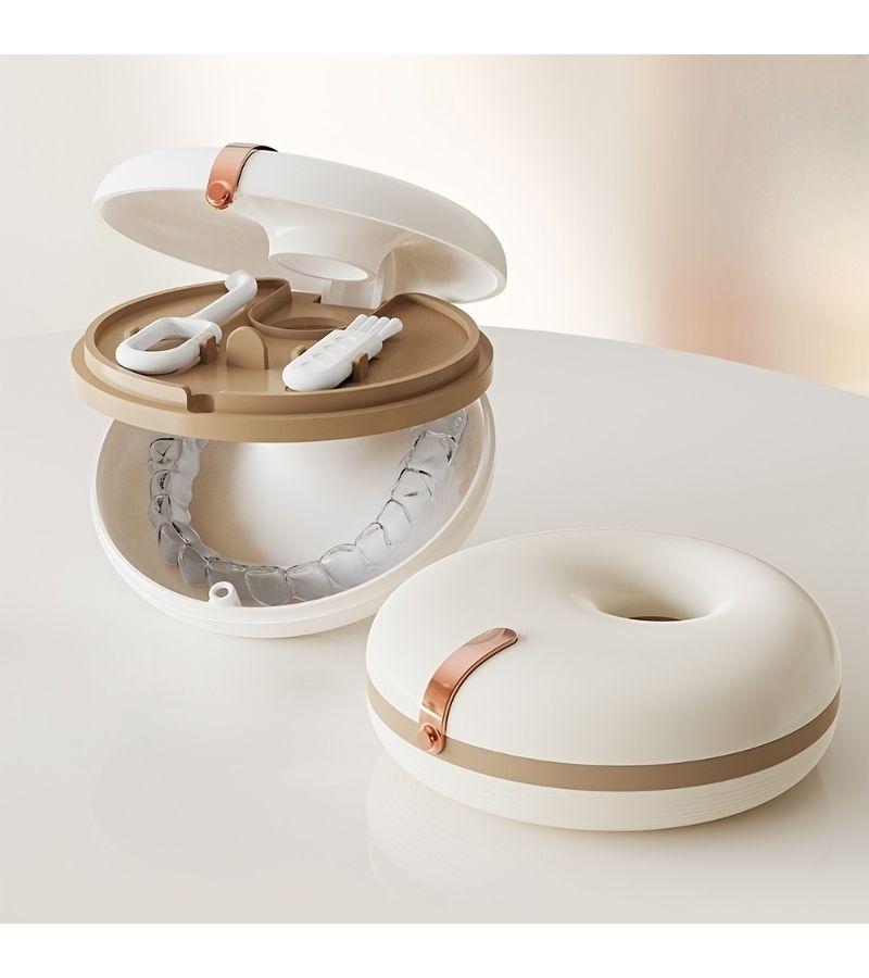 1pc Pink Retainer Storage Box Portable Dental Case Denture Holder With Tooth Hook Set - Image 1