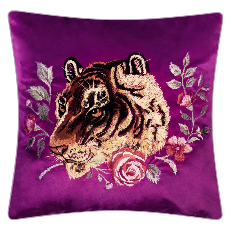 JWH Tiger Velvet Throw Pillow Cover Decorative Flower Emboidered Accent Pillow Case Print Cushion Purple Pillowcase for Bed Living Room Couch Bedroom 18x18 Inch Carmine Yellow - Image 1