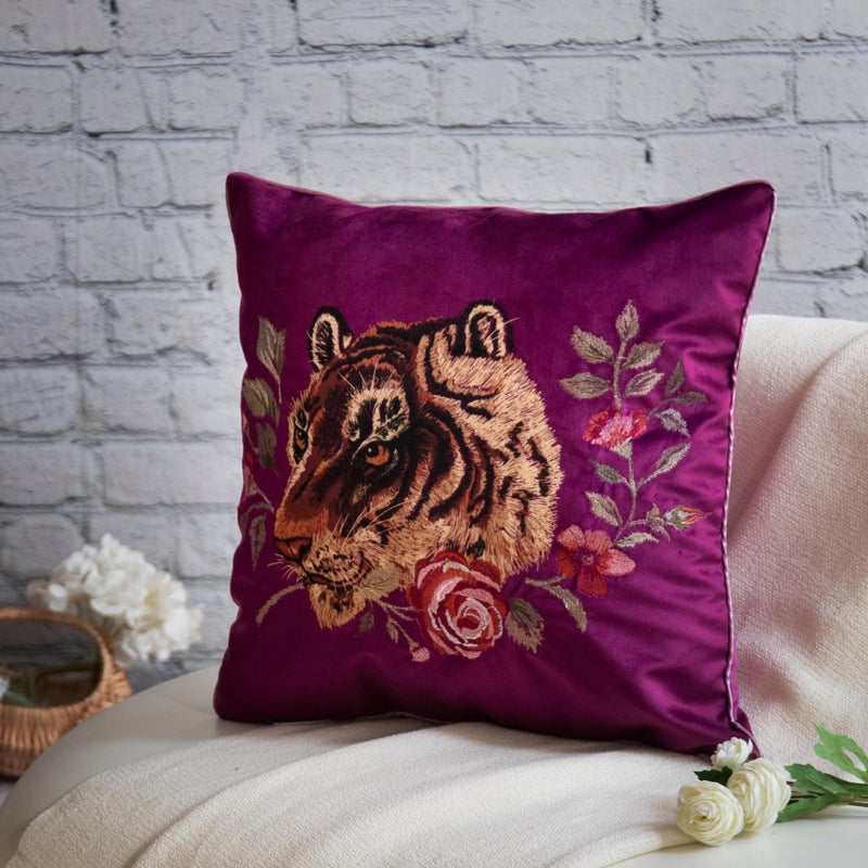 JWH Tiger Velvet Throw Pillow Cover Decorative Flower Emboidered Accent Pillow Case Print Cushion Purple Pillowcase for Bed Living Room Couch Bedroom 18x18 Inch Carmine Yellow - Image 2