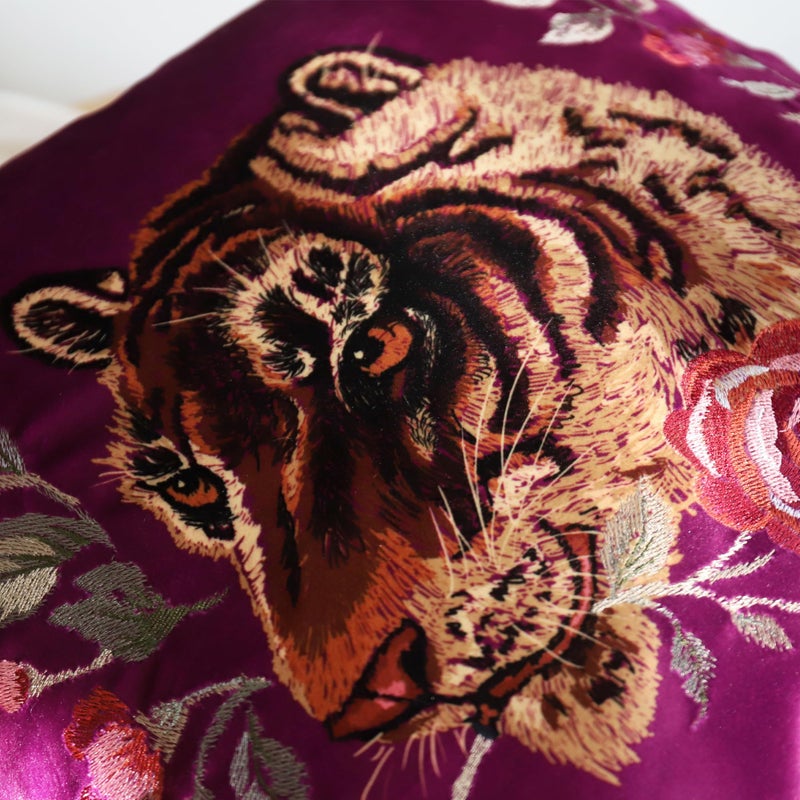 JWH Tiger Velvet Throw Pillow Cover Decorative Flower Emboidered Accent Pillow Case Print Cushion Purple Pillowcase for Bed Living Room Couch Bedroom 18x18 Inch Carmine Yellow - Image 3