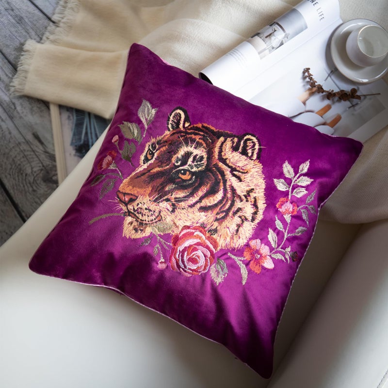 JWH Tiger Velvet Throw Pillow Cover Decorative Flower Emboidered Accent Pillow Case Print Cushion Purple Pillowcase for Bed Living Room Couch Bedroom 18x18 Inch Carmine Yellow - Image 5