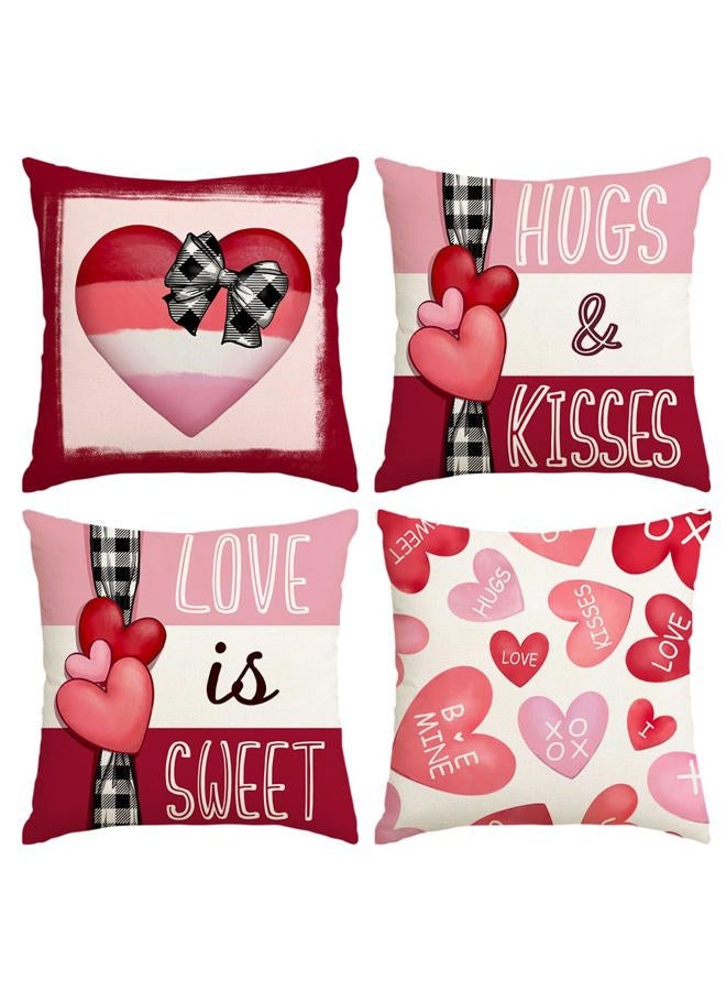 RABUSOFA Valentines Pillow Covers 18x18 Set of 4,Valentines Red Pink Hearts Hugs and Kisses Love You More Be Mine Decorative Farmhouse Holiday Wedding Decor Cushion Case for Valentines Day Decorations - Image 1