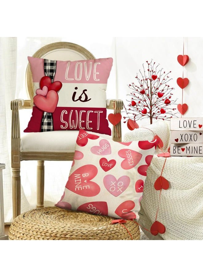 RABUSOFA Valentines Pillow Covers 18x18 Set of 4,Valentines Red Pink Hearts Hugs and Kisses Love You More Be Mine Decorative Farmhouse Holiday Wedding Decor Cushion Case for Valentines Day Decorations - Image 3