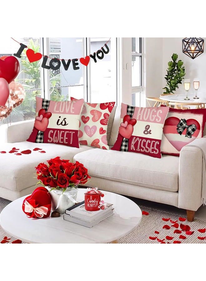 RABUSOFA Valentines Pillow Covers 18x18 Set of 4,Valentines Red Pink Hearts Hugs and Kisses Love You More Be Mine Decorative Farmhouse Holiday Wedding Decor Cushion Case for Valentines Day Decorations - Image 5