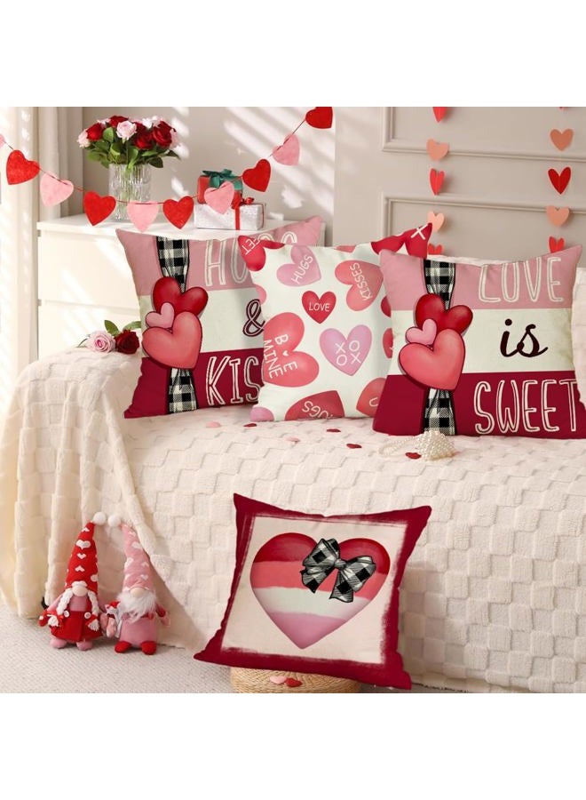 RABUSOFA Valentines Pillow Covers 18x18 Set of 4,Valentines Red Pink Hearts Hugs and Kisses Love You More Be Mine Decorative Farmhouse Holiday Wedding Decor Cushion Case for Valentines Day Decorations - Image 4