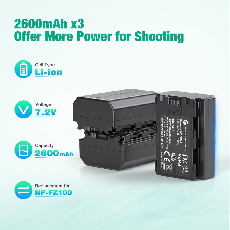 FirstPower NP-FZ100 Battery 3-Pack and Triple Slot Charger for Sony FX3, FX30, A7 III, A7 IV, A7C, A7CR, A9, A6600, A6700, ZV-E1, ZV-E10 II, A7R3, A7S III/A7S3, A7R III, A7R IV, A7R V Camera - Image 2