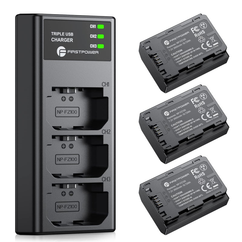 FirstPower NP-FZ100 Battery 3-Pack and Triple Slot Charger for Sony FX3, FX30, A7 III, A7 IV, A7C, A7CR, A9, A6600, A6700, ZV-E1, ZV-E10 II, A7R3, A7S III/A7S3, A7R III, A7R IV, A7R V Camera - Image 1