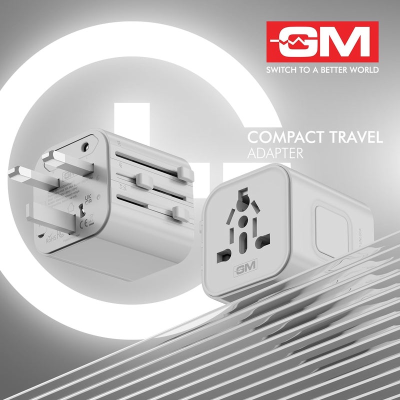 GM G+ Compact Travel Adapter | Universal All-in-One Worldwide Plug (US/UK/EU/AU) | Multi-Device Charging | Smart Safety Protection | Foldable, Fire-Resistant Travel Charger for 150+ Countries - White - Image 3