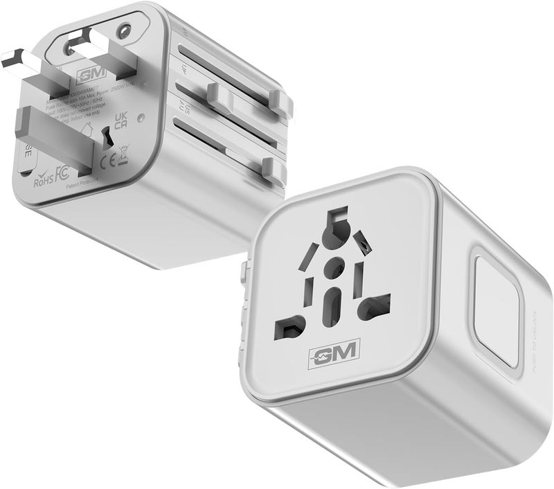 GM G+ Compact Travel Adapter | Universal All-in-One Worldwide Plug (US/UK/EU/AU) | Multi-Device Charging | Smart Safety Protection | Foldable, Fire-Resistant Travel Charger for 150+ Countries - White - Image 1