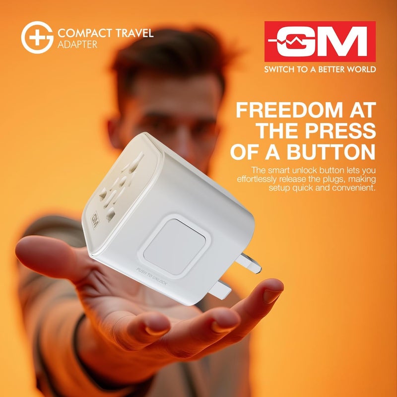 GM G+ Compact Travel Adapter | Universal All-in-One Worldwide Plug (US/UK/EU/AU) | Multi-Device Charging | Smart Safety Protection | Foldable, Fire-Resistant Travel Charger for 150+ Countries - White - Image 5