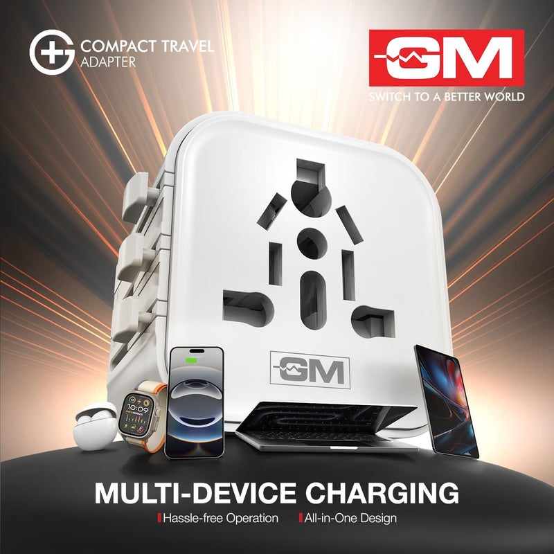 GM G+ Compact Travel Adapter | Universal All-in-One Worldwide Plug (US/UK/EU/AU) | Multi-Device Charging | Smart Safety Protection | Foldable, Fire-Resistant Travel Charger for 150+ Countries - White - Image 4