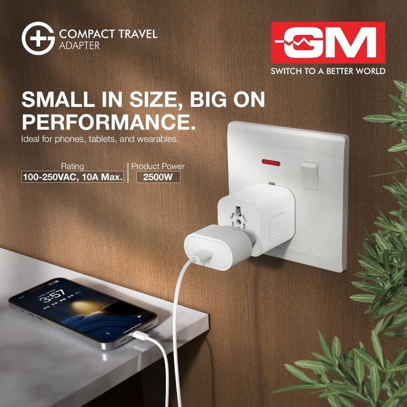 GM G+ Compact Travel Adapter | Universal All-in-One Worldwide Plug (US/UK/EU/AU) | Multi-Device Charging | Smart Safety Protection | Foldable, Fire-Resistant Travel Charger for 150+ Countries - White - Image 2