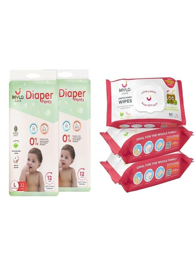 Mylo Care Disposable Diaper Pants & Baby Wipes Combo|Organic Coconut Oil & Neem|12 Hours Leak Protection|Chemical Free|Baby Essentials (Diaper (L)-64 Count, Wipes with lid Pack of 3) - Image 1