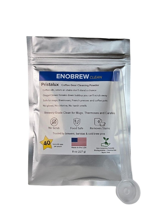 Enobrew مسحوق تنظيف أدوات القهوة إينوبرو بريستالوكس - مزيل بقع الأكواب المصنوعة من الفولاذ المقاوم للصدأ والأكواب المعزولة - نقع ليلي بدون فرك - يزيل زيوت وروائح القهوة - خالٍ من الكلور، آمن للاستخدام مع الطعام. (227 غرام) - Image 1