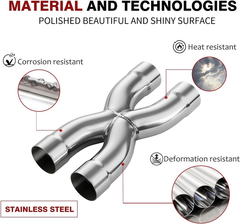 LCGP 2.25" Polished Exhaust X Pipe, Universal 2.25" In/Out Crossover X Pipe 12" Length Stainless Steel Weld-on - Image 3