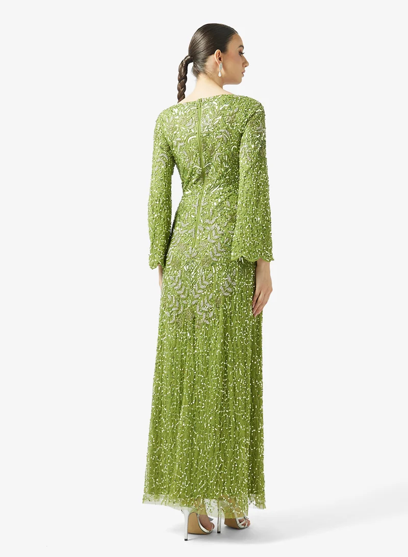 MARYISA Embellished Flared Sleeve Maxi Dress
