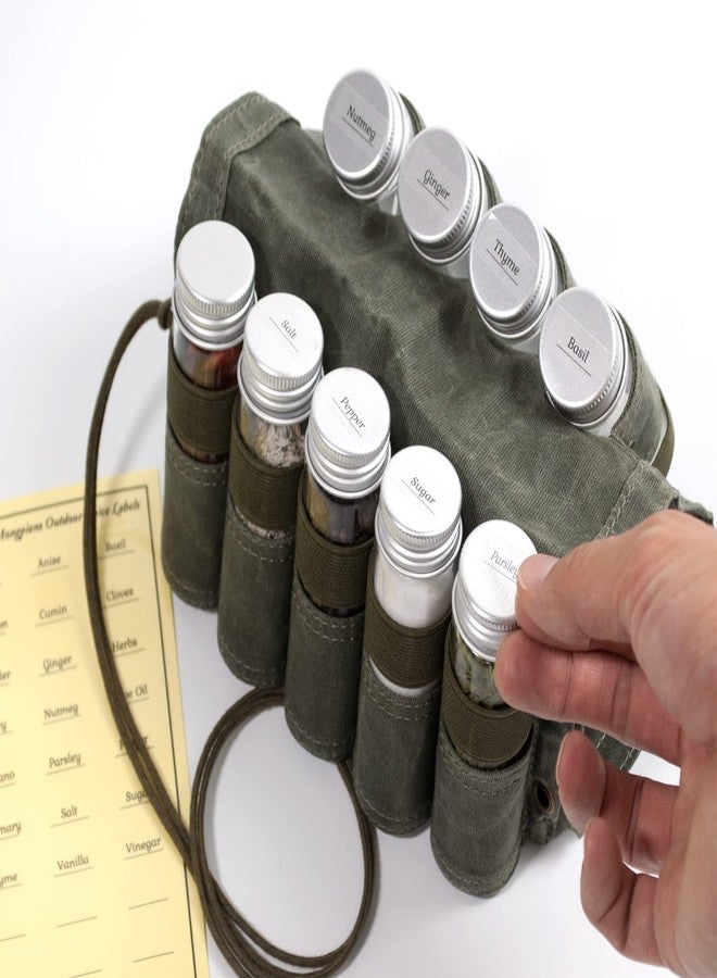 MONGPIENS Camping Spice kit with 9 spice Jar,rope,Spice Labels Sticker,Silicone Collapsible Funnel, Canvas Travel Seasoning container, portable spice bag for travel (MILITARY GREEN) - Image 4