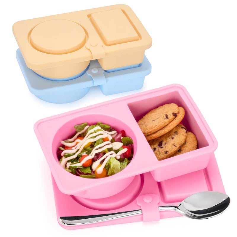 HOMQYTE 3 PCS Reusable Silicone Snack Containers with Lids Double Compartment Snack Box Container for Food Traval School Kids Adults (Pink&Yellow&Blue, 3P) - Image 1