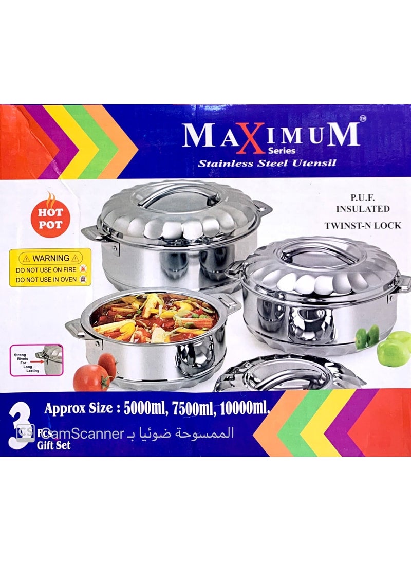 طقم أواني طهي ساخنة فضي مكون من 3 قطع، أحجام صغيرة: 5000، 7500، 10000 مل
