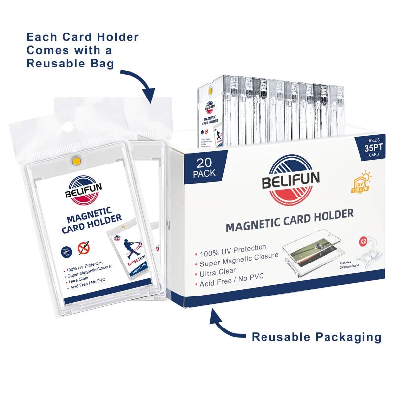 belifun 20-Pack One Touch Magnetic Card-Holders - 35PT Trading Card Holders, UV Protection Clear Acrylic Card Cases, Card Protector for Game, Baseball Sports Cards, Fit for Standard Cards Storage and Display - Image 5