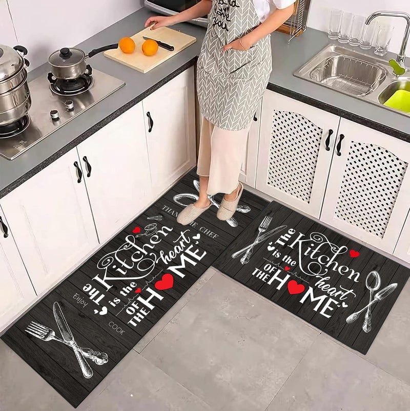 JWXCBIM Farmhouse Kitchen Rug 2 Piece Set, Black and White Rustic Vintage Style Theme Decor Kitchen Rugs, Absorbent Washable Non-Slip Floor Mats, Home Indoor Runner Carpet 17x30+17x47 Inches - Image 2
