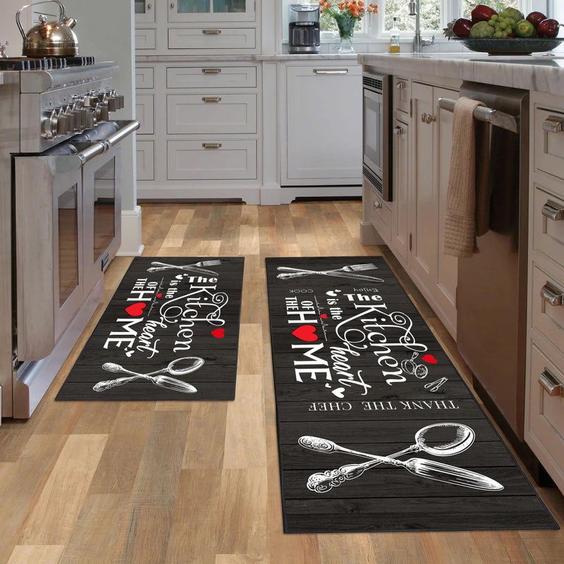 JWXCBIM Farmhouse Kitchen Rug 2 Piece Set, Black and White Rustic Vintage Style Theme Decor Kitchen Rugs, Absorbent Washable Non-Slip Floor Mats, Home Indoor Runner Carpet 17x30+17x47 Inches - Image 1