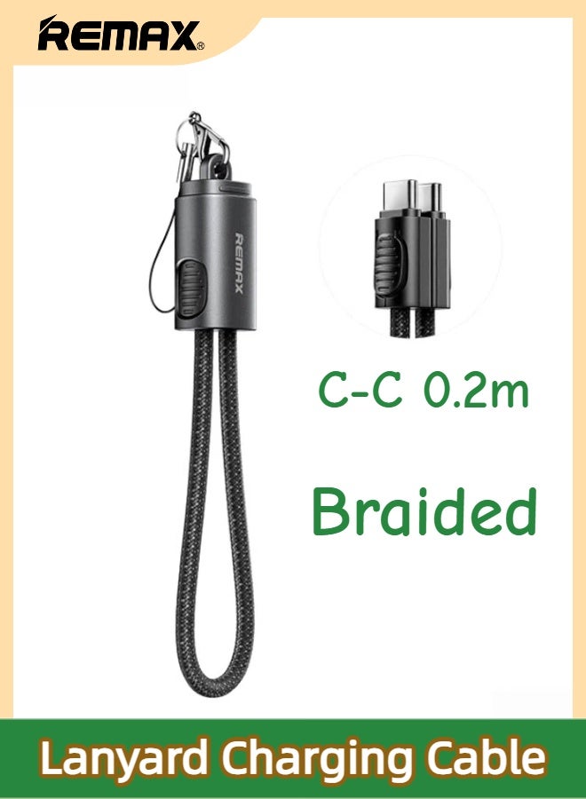 REMAX C6 USB-C to USB-C 65W PD Fast Charging Braided Cable 0.2M with Portable Keychain Lanyard, for iPhone 15/16/17 Series & All Android USB-C Phones (Black) - Image 1