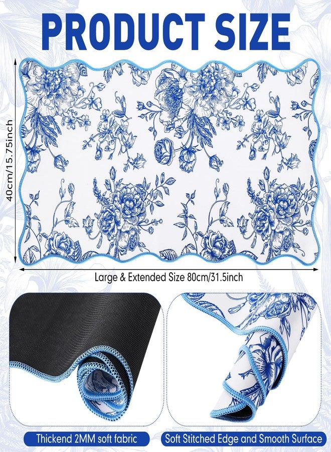 Kingdder Scalloped Desk Mat Large Blue and White Floral Chinoiserie Mouse Pad 31.5" x 15.7" Aesthetic Vintage Nonslip Rubber Base Keyboard Pad for Laptop Computer Dorm Home Office Gaming - Image 2