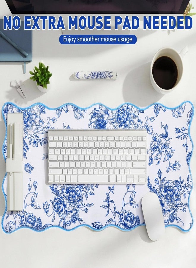 Kingdder Scalloped Desk Mat Large Blue and White Floral Chinoiserie Mouse Pad 31.5" x 15.7" Aesthetic Vintage Nonslip Rubber Base Keyboard Pad for Laptop Computer Dorm Home Office Gaming - Image 4
