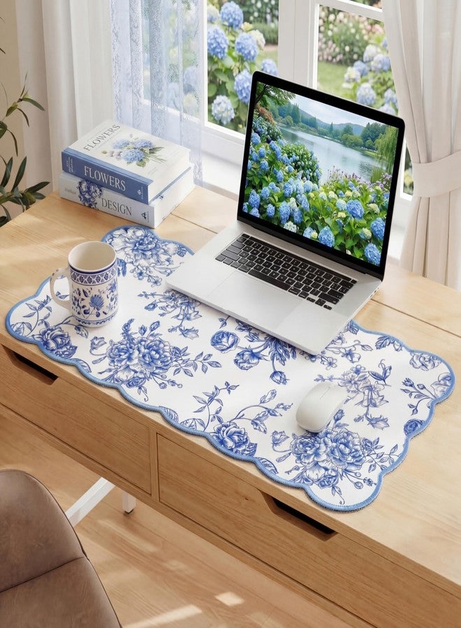 Kingdder Scalloped Desk Mat Large Blue and White Floral Chinoiserie Mouse Pad 31.5" x 15.7" Aesthetic Vintage Nonslip Rubber Base Keyboard Pad for Laptop Computer Dorm Home Office Gaming - Image 1
