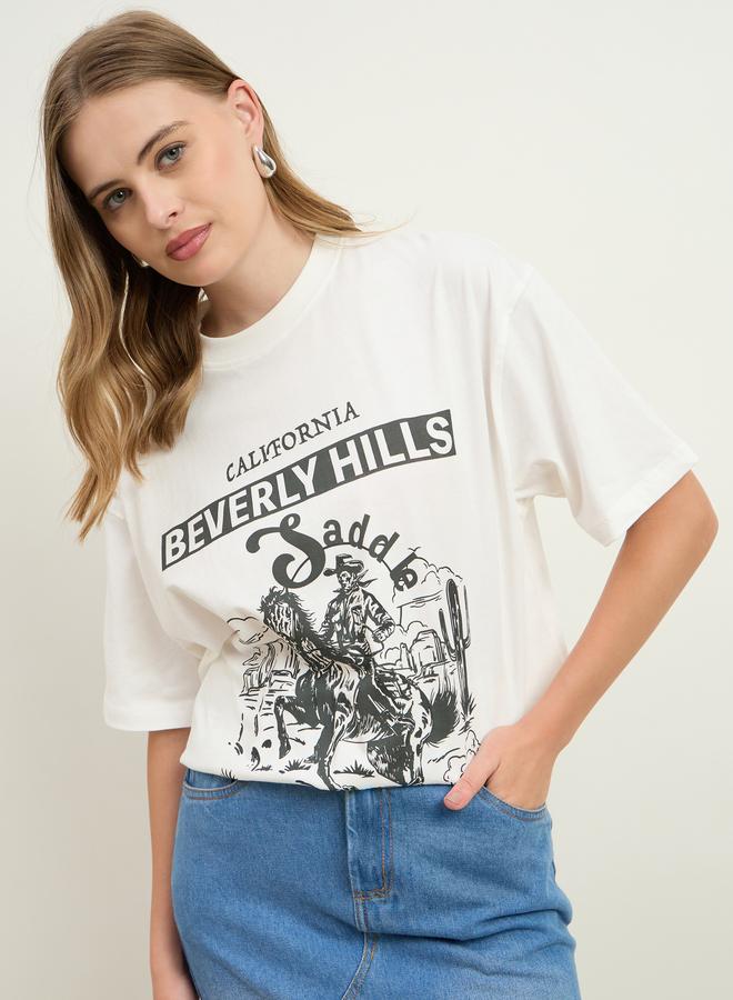 Styli Cream Beverly Hills Graphic Oversized T-Shirt - Image 2