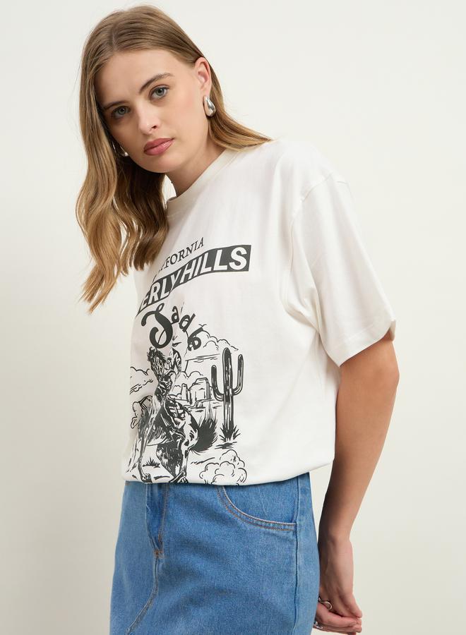 Styli Cream Beverly Hills Graphic Oversized T-Shirt - Image 3