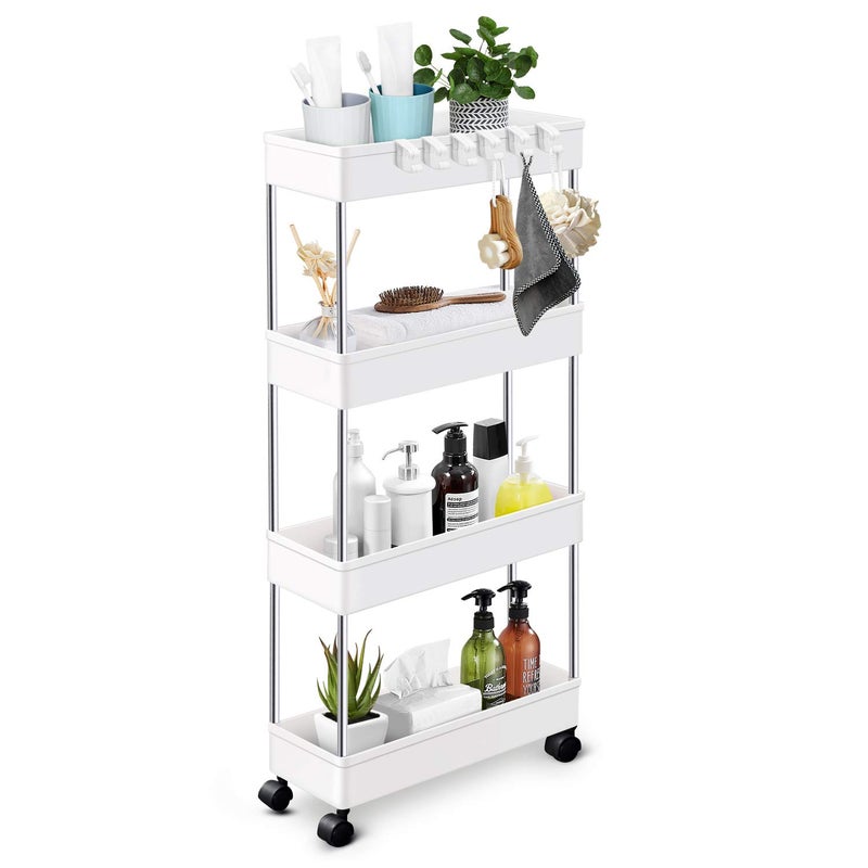 KPX E World | Slim Rolling Storage Cart Kitchen Shelves Organizer With Casters.Wheels Mobile Bathroom Slide Utility Cart, Small Shelf For Laundry Room, Make Up, Home School, Dorm Room White, Slim-4Tier - Image 1