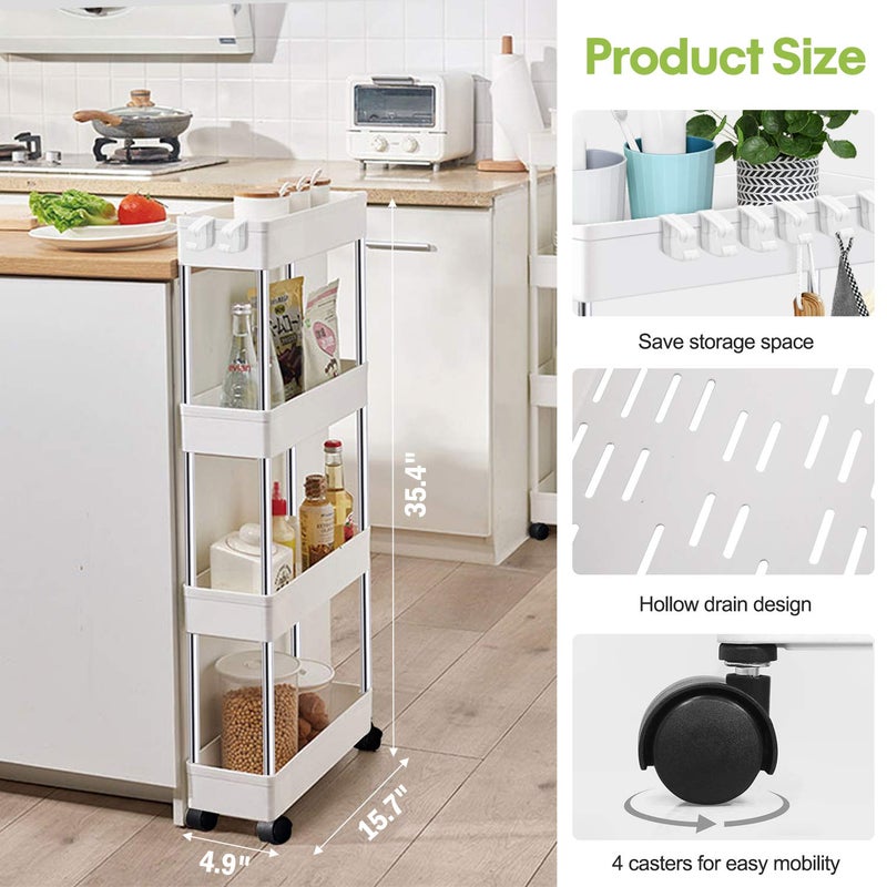 KPX E World | Slim Rolling Storage Cart Kitchen Shelves Organizer With Casters.Wheels Mobile Bathroom Slide Utility Cart, Small Shelf For Laundry Room, Make Up, Home School, Dorm Room White, Slim-4Tier - Image 3