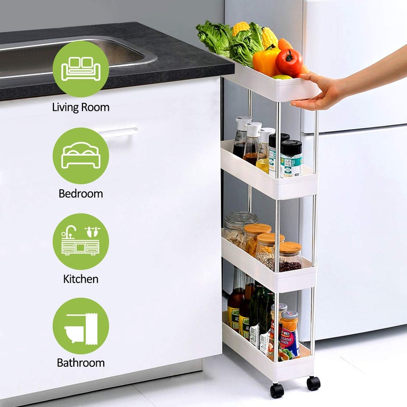 KPX E World | Slim Rolling Storage Cart Kitchen Shelves Organizer With Casters.Wheels Mobile Bathroom Slide Utility Cart, Small Shelf For Laundry Room, Make Up, Home School, Dorm Room White, Slim-4Tier - Image 4