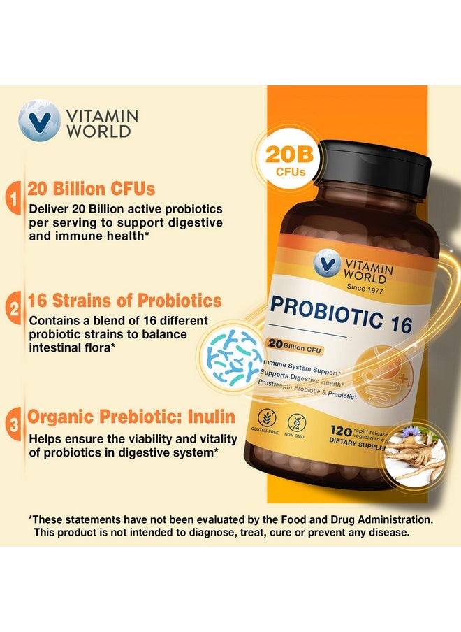 VITAMIN WORLD Vitamin World Probiotic 16, 20 Billion CFU, 16 Strains with Prebiotic Fiber for Digestive & Immune Health, Probiotics for Women & Men, Non-GMO, Gluten Free, 120 Veggie Capsules, 60 Day Supply  - Image 4