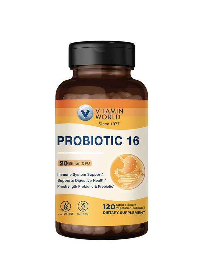 VITAMIN WORLD Vitamin World Probiotic 16, 20 Billion CFU, 16 Strains with Prebiotic Fiber for Digestive & Immune Health, Probiotics for Women & Men, Non-GMO, Gluten Free, 120 Veggie Capsules, 60 Day Supply  - Image 1