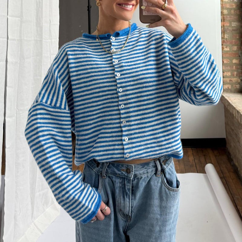 Yuemengxuan Women Knitted Cardigan Sweaters Long Sleeve Button Down Loose Knitwear Tops Y2k Vintage Jumper Knit Shirt (Blue Stripes, S) - Image 2