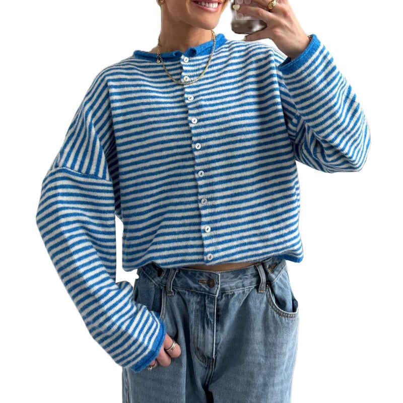 Yuemengxuan Women Knitted Cardigan Sweaters Long Sleeve Button Down Loose Knitwear Tops Y2k Vintage Jumper Knit Shirt (Blue Stripes, S) - Image 1