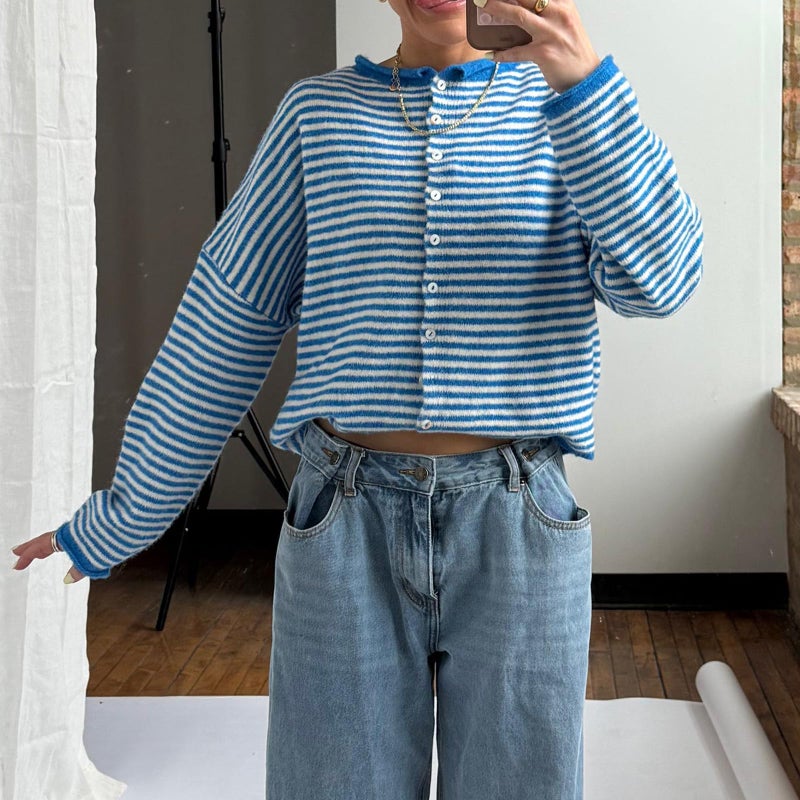 Yuemengxuan Women Knitted Cardigan Sweaters Long Sleeve Button Down Loose Knitwear Tops Y2k Vintage Jumper Knit Shirt (Blue Stripes, S) - Image 3