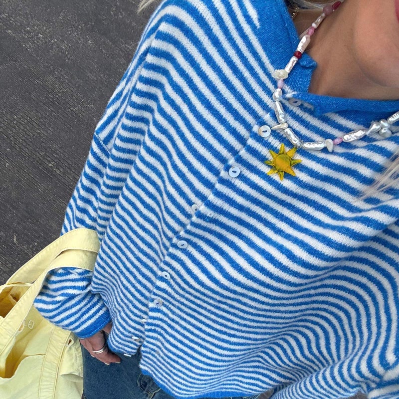 Yuemengxuan Women Knitted Cardigan Sweaters Long Sleeve Button Down Loose Knitwear Tops Y2k Vintage Jumper Knit Shirt (Blue Stripes, S) - Image 5
