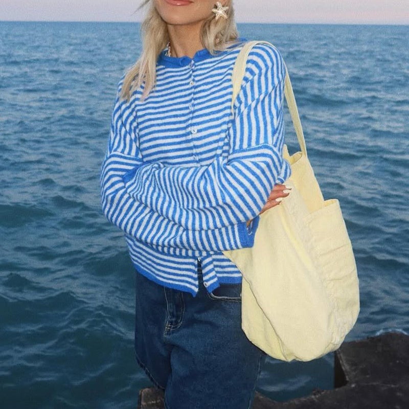 Yuemengxuan Women Knitted Cardigan Sweaters Long Sleeve Button Down Loose Knitwear Tops Y2k Vintage Jumper Knit Shirt (Blue Stripes, S) - Image 4
