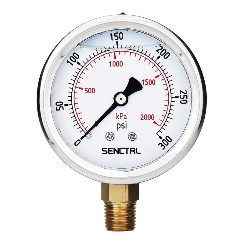 senctrl 0-300 Psi Glycerin Liquid Filled Pressure Gauge, 2.5" Dial Size, 1/4" NPT Lower Mount, Stainless Steel Case, for Propane Nitrogen Air Co2 Gas Water Oil Hydraulic Pressure Test - Image 1
