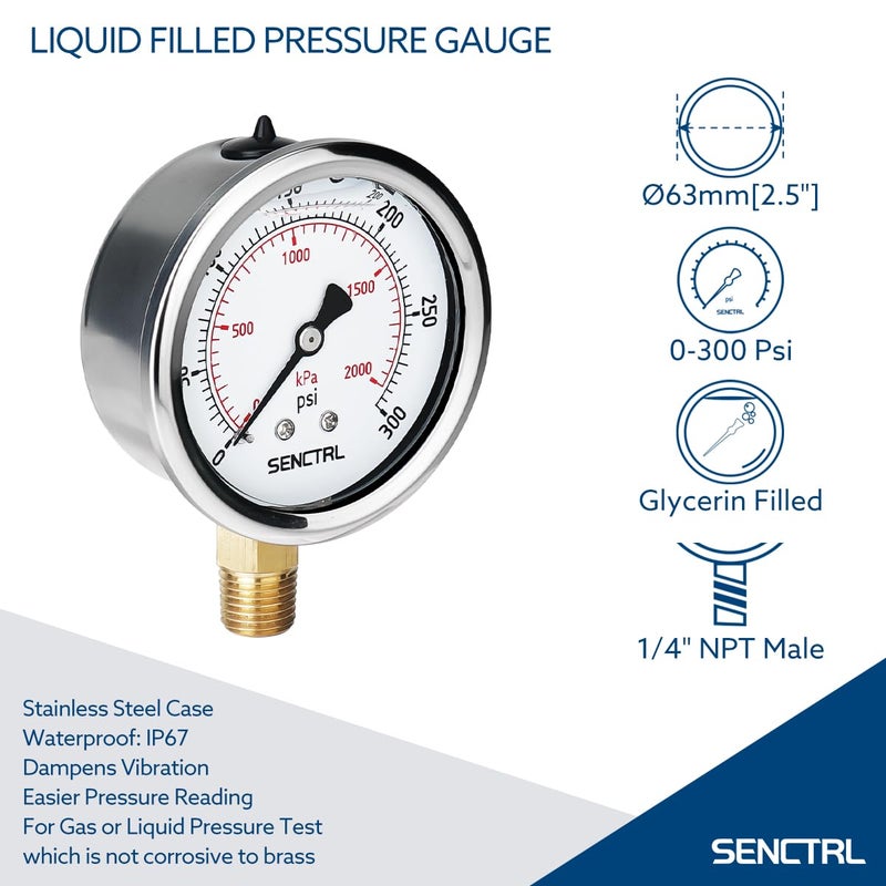 senctrl 0-300 Psi Glycerin Liquid Filled Pressure Gauge, 2.5" Dial Size, 1/4" NPT Lower Mount, Stainless Steel Case, for Propane Nitrogen Air Co2 Gas Water Oil Hydraulic Pressure Test - Image 2