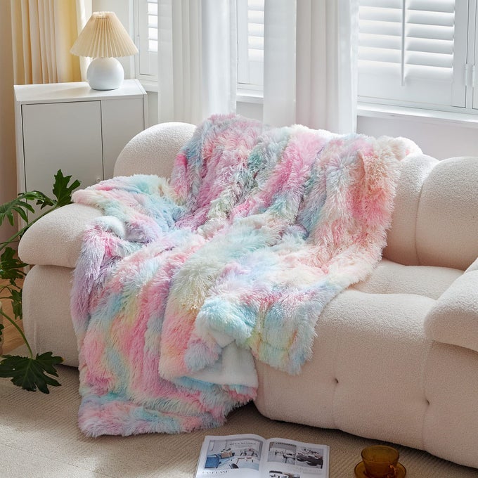 BLANKET FOR GIRL LARGE COLORFUL RAINBOW FAUX FUR THROW SUPER SOFT WARM FLUFFY BLANKET FOR SOFA COUCH 160X200CM