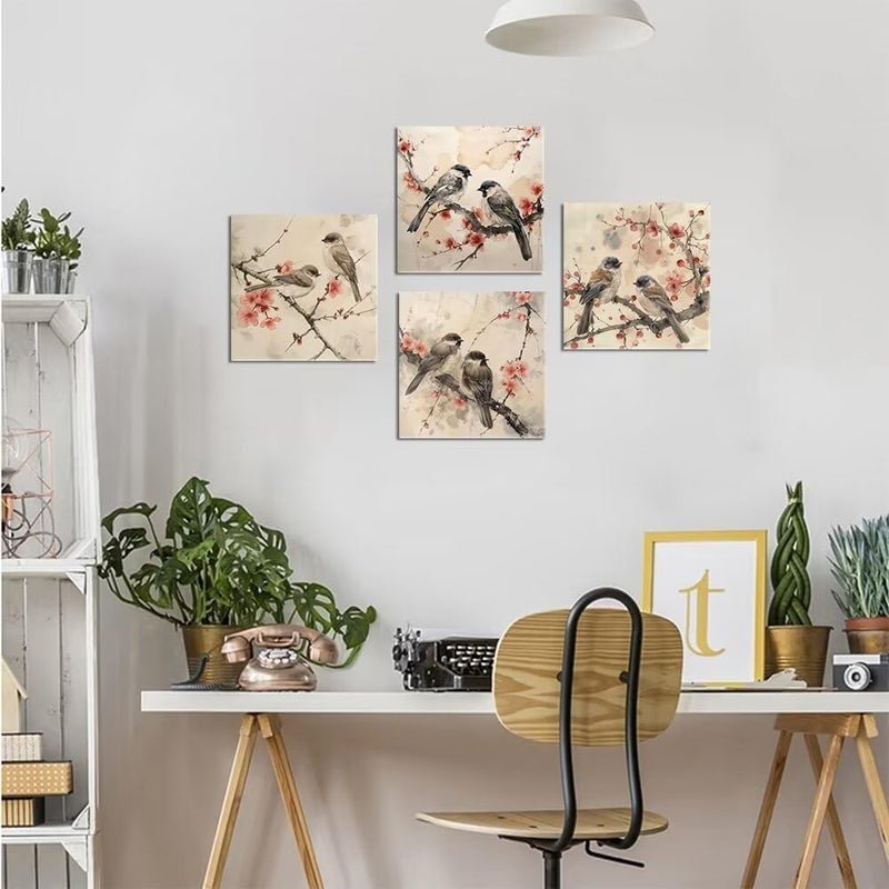 Wall HDQ 4 Pieces Wall Art Canvas Prints Flowers and Birds Picture Painting Modern Wall Artwork Framed for Bathroom Bedroom Office Decor - Image 3